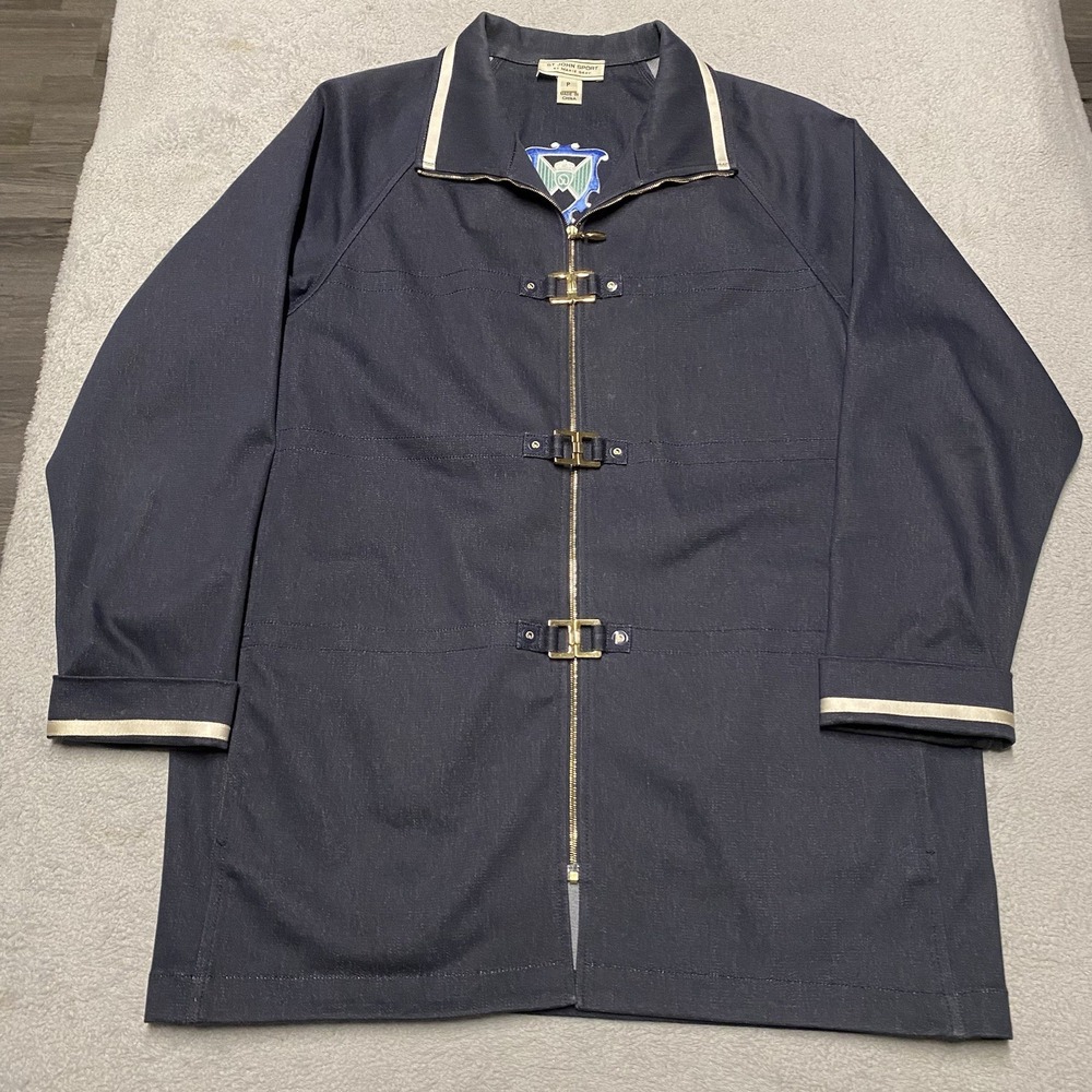St John Sport Marie Gray Jacket Petite Blue‎ Denim Magnetic Gold Clasp Nautical